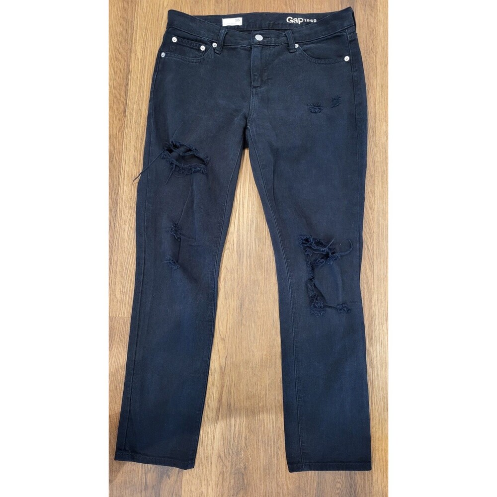 Gap 1969 Girlfriend Jeans Womens 28R Black Destroy Ripped Distressed 32x27